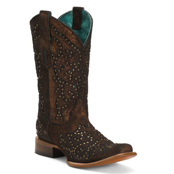 CORRAL BOOTS  Mexico Suede Laser Cut Studded Square Toe Western Boots - Picture 1 of 2